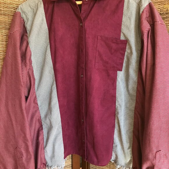 Upcycled Patchwork Shirt, Size L-XL: Mixed Print Button-Down Reworked Blouse - Picture 7 of 10